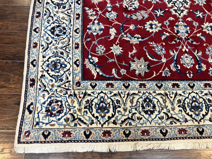 Persian Nain Rug 6x10, Wool and Silk Highlights, Red and Ivory, Floral Medallion, Vintage Handmade Hand Knotted, Fine 225 KPSI, Traditional Rug