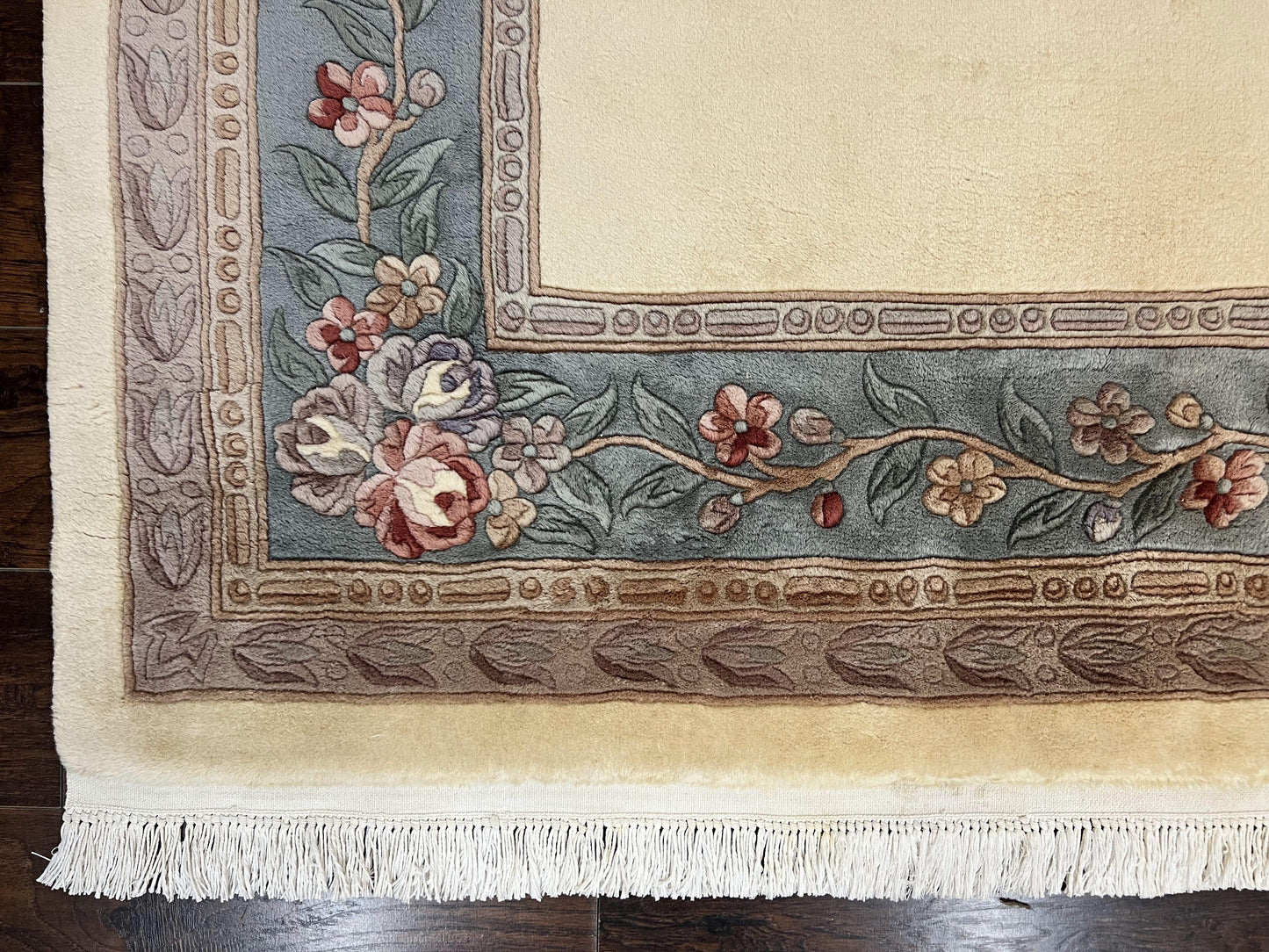 Chinese Wool Rug 8x10 Handknotted 120 Line Cream Aubusson Art Deco Oriental Rug