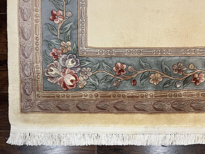 Chinese Wool Rug 8x10 Handknotted 120 Line Cream Aubusson Art Deco Oriental Rug