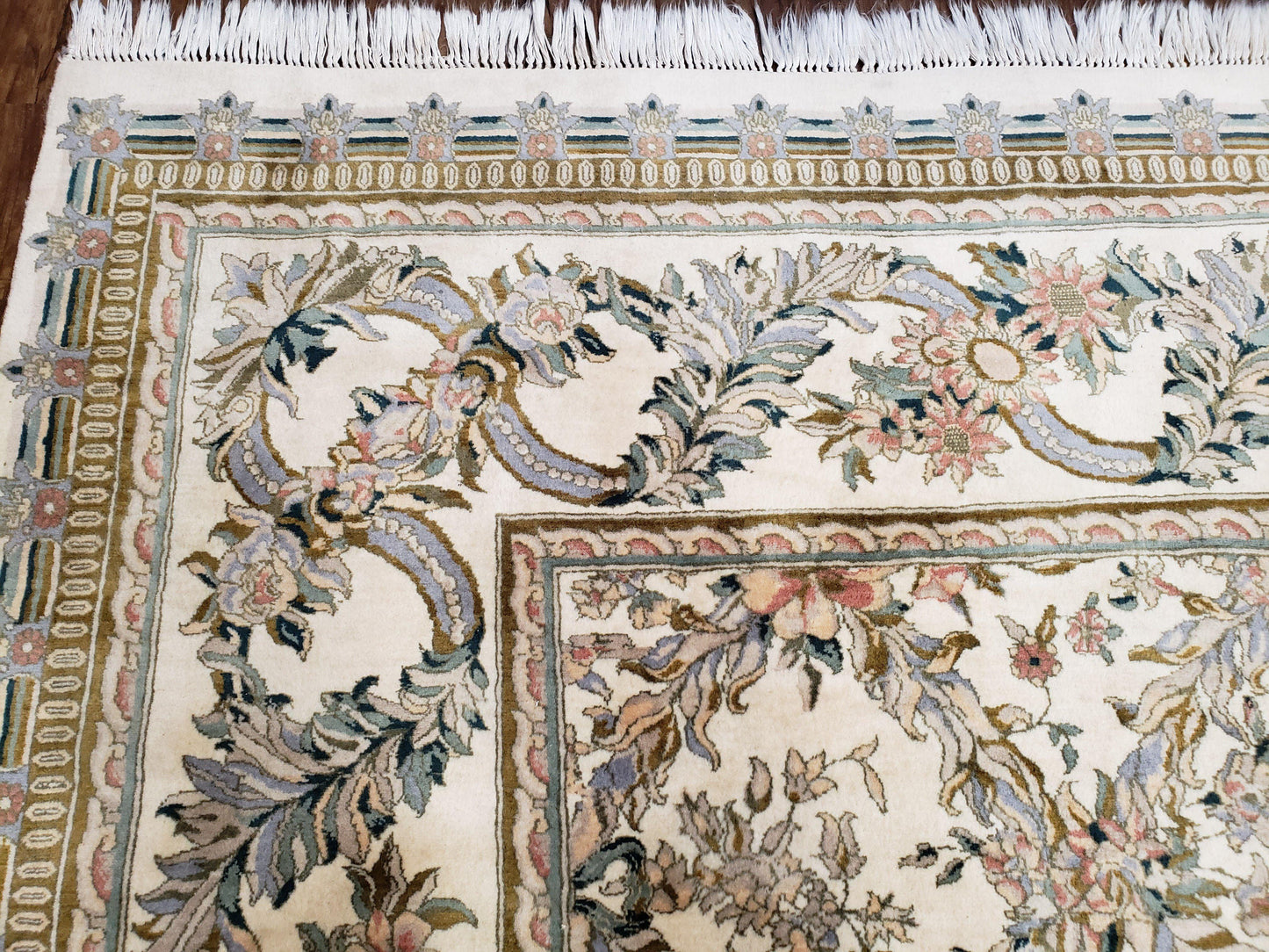 Pak Persian Floral Rug 11 x 12.6, Ivory, Very Fine, Hand Knotted