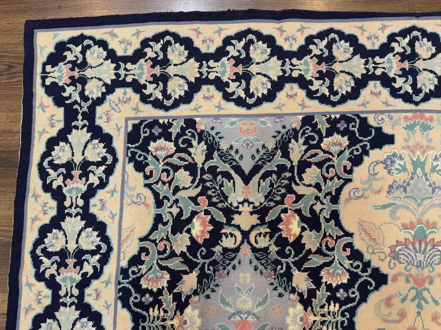 Needlepoint Rug 6x9, Ivory and Navy Blue