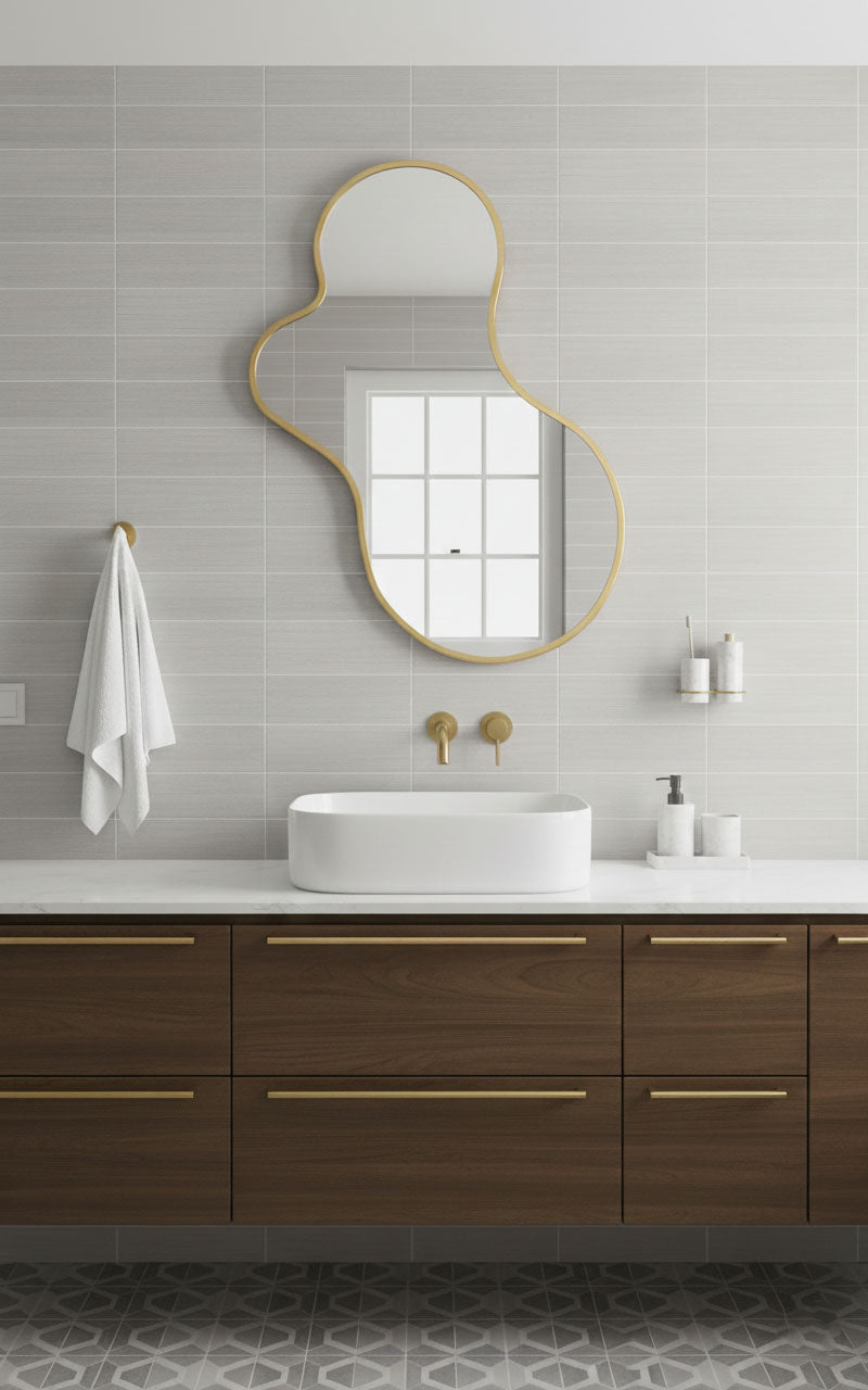 Organic amoeba mirror with brass frame in a modern bathroom