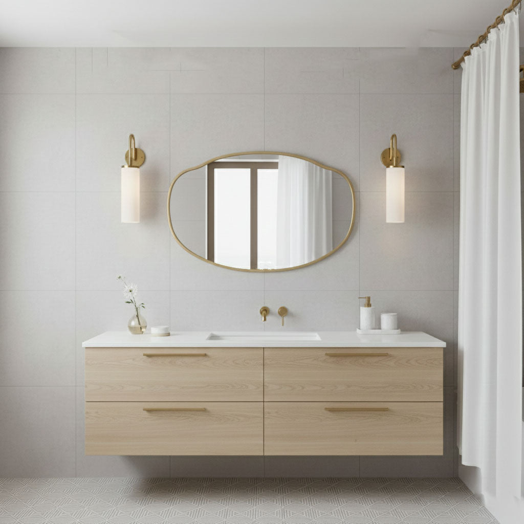 Belle Cloud mirror styled above a modern bathroom vanity