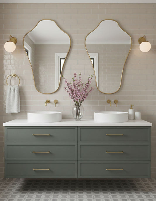 Pair of sculpted crest mirrors above double bathroom vanity with brass fixtures