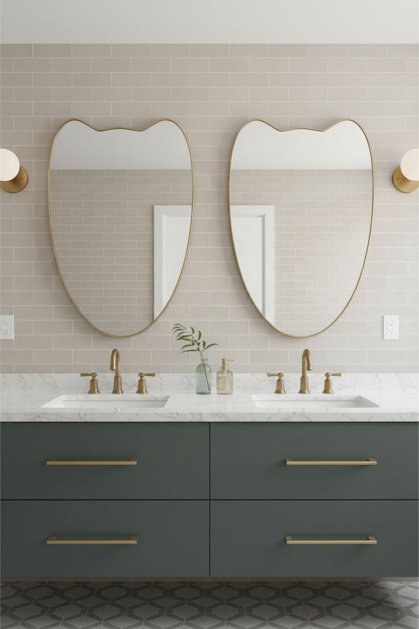 Double-Petal Crest brass mirrors installed as double vanity wall mirrors