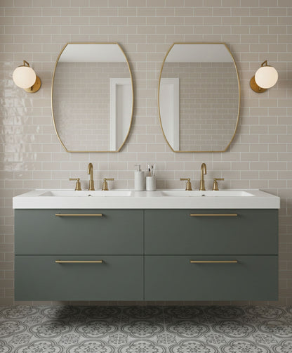 Pair of Luxe Contour Rectangle brass mirrors above a double vanity