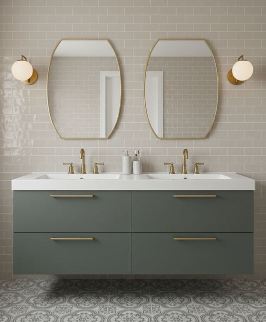 Pair of Luxe Contour Rectangle brass mirrors above a double vanity
