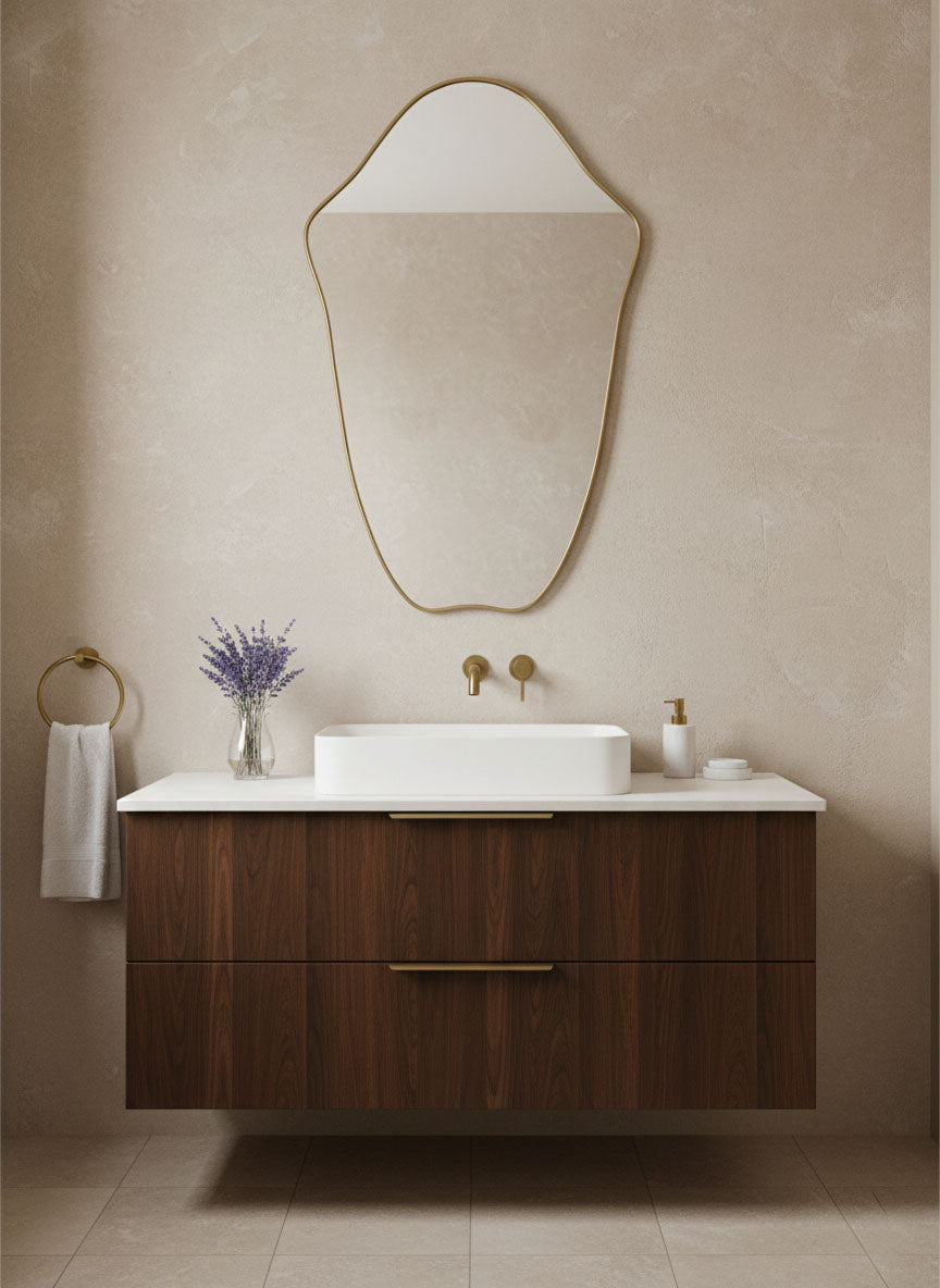 Crest Edge brass vanity mirror with modern bathroom decor