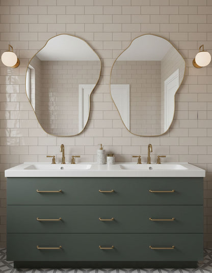 Double pebble-shaped brass mirrors for modern double vanity
