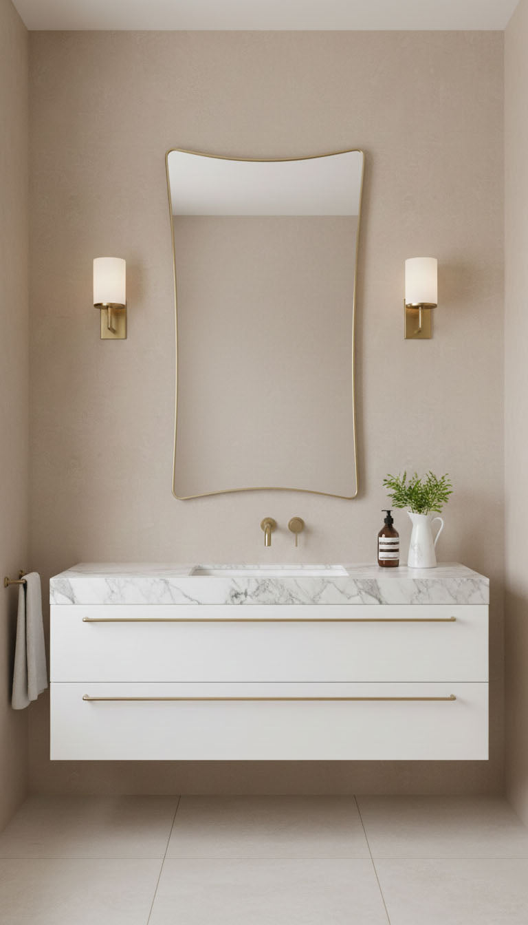 Elegant curved rectangle brass mirror in contemporary bathroom