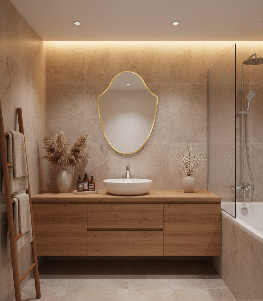 Modern bathroom with wooden vanity, sink, and decorative mirror.