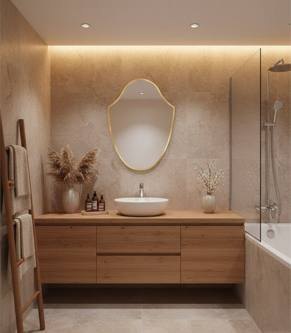 Modern bathroom with wooden vanity, sink, and decorative mirror.