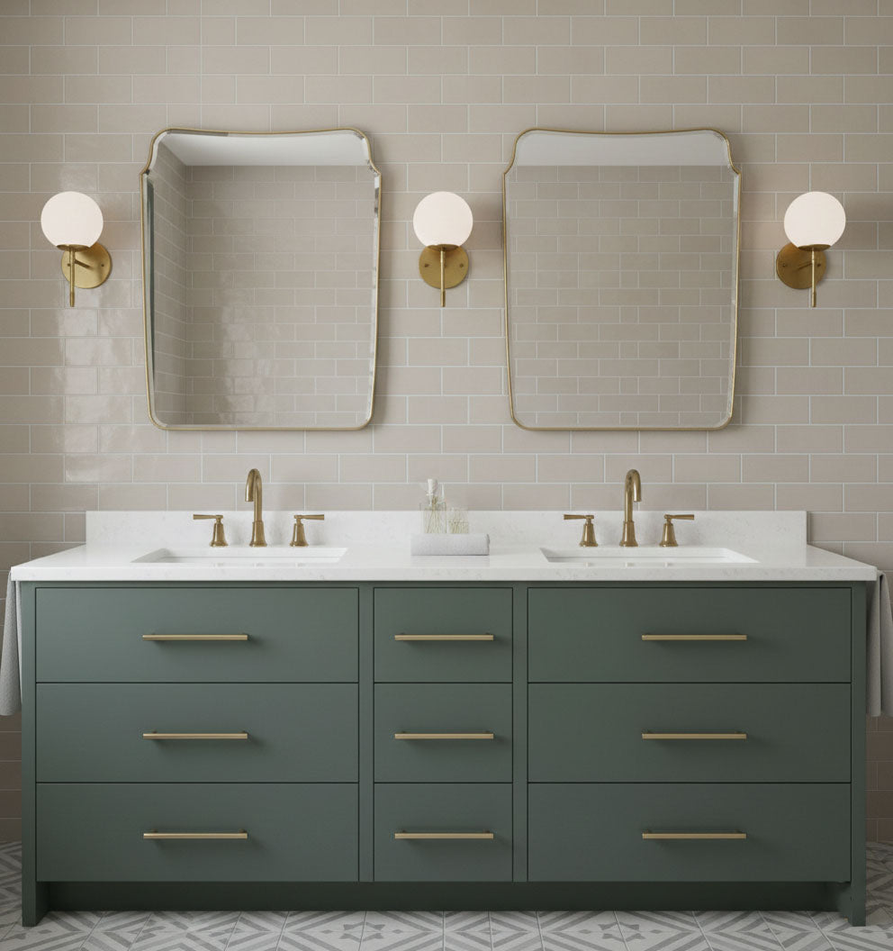 Double rounded crest rectangle brass mirrors over a contemporary double sink vanity