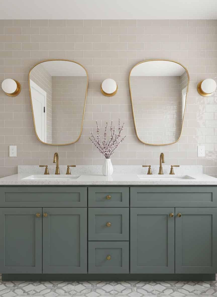 Pair of organic brass mirrors over double bathroom vanity