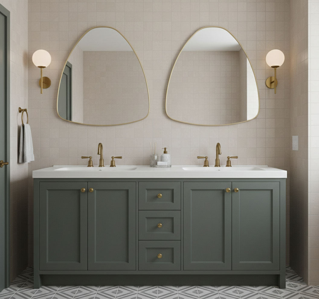 Double soft pebble triangle mirrors with brass frames in modern bathroom
