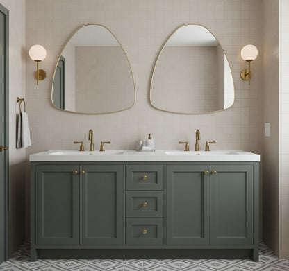 Double soft pebble triangle mirrors with brass frames in modern bathroom