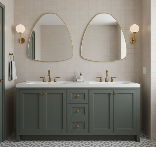 Double soft pebble triangle mirrors with brass frames in modern bathroom