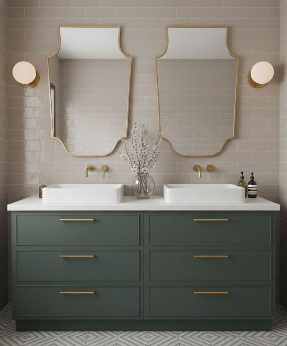 Grand Chateau crest brass mirror above double vanity