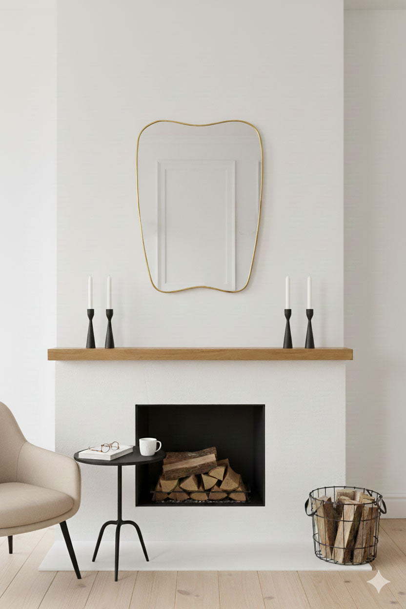  Soft-crest brass wall mirror above minimalist fireplace mantel