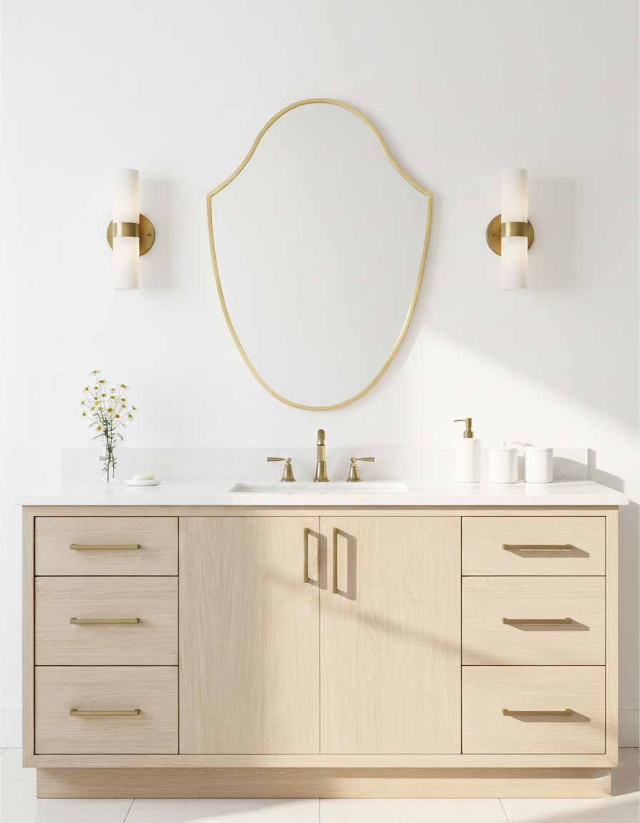 Asymmetrical brass bathroom vanity mirror
