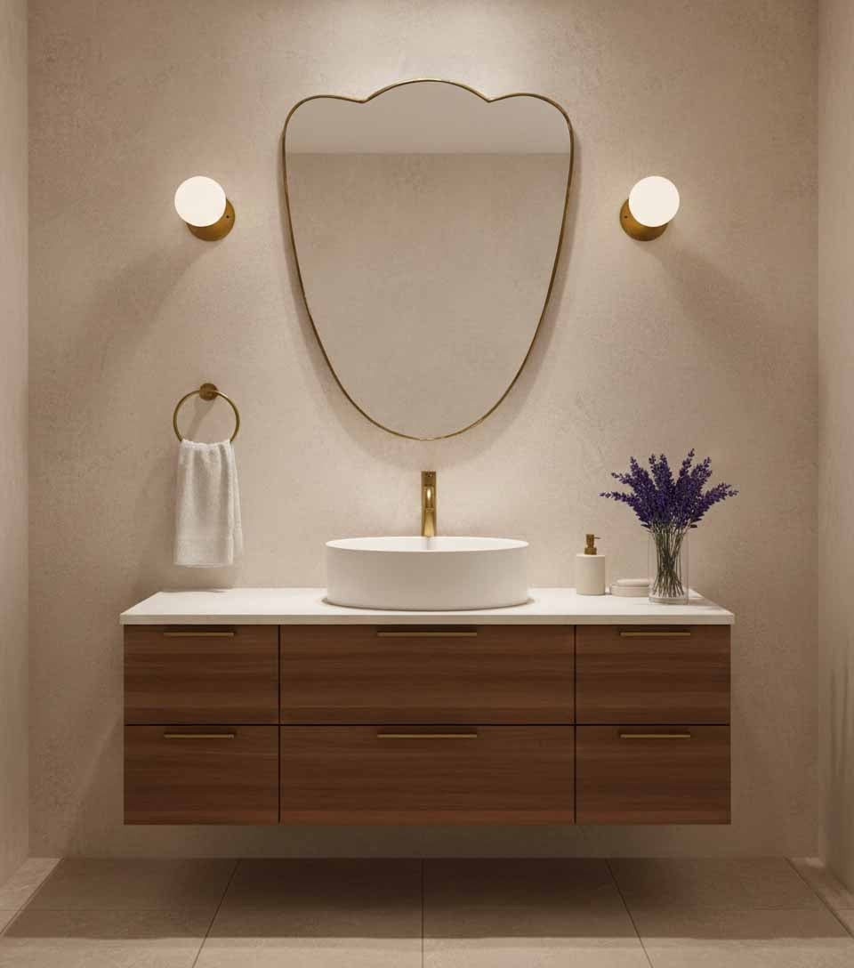 Soft Crest sculpted brass mirror in bathroom