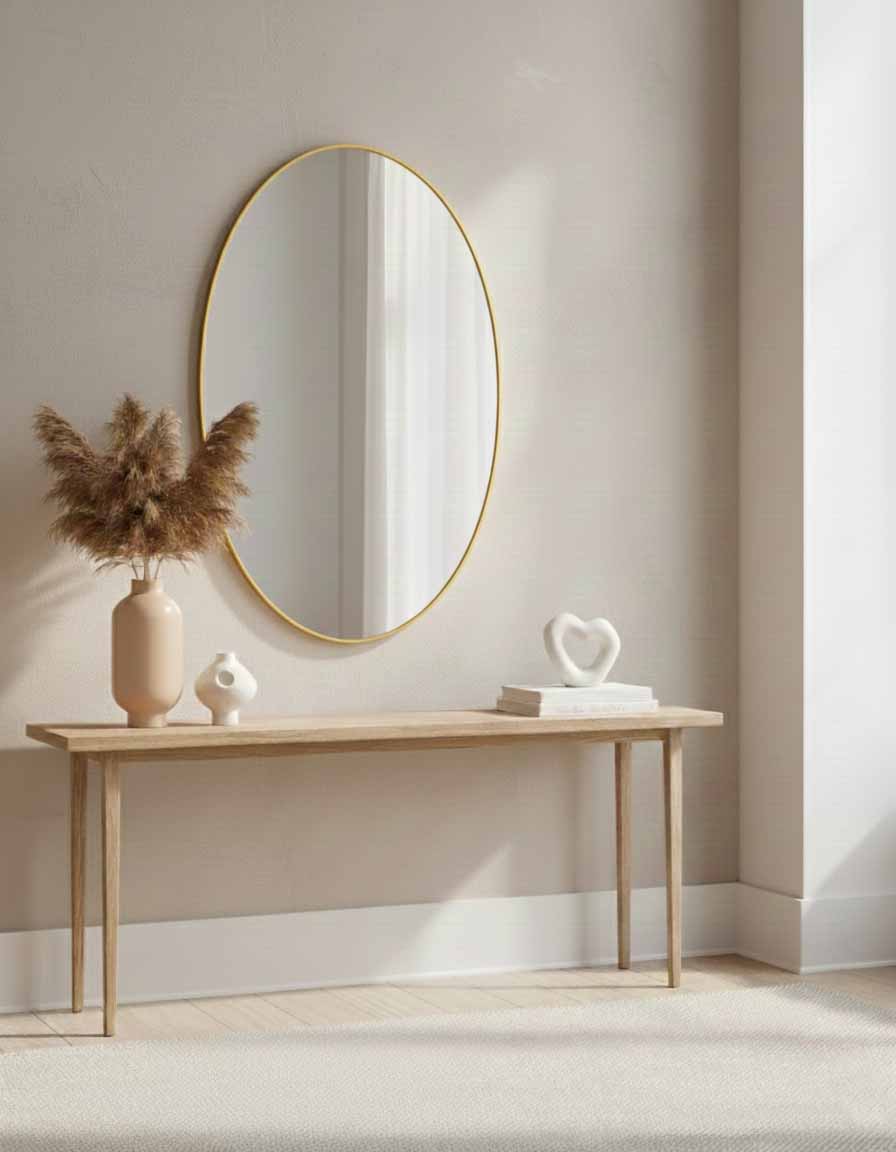 Brass oval mirror above minimalist console table