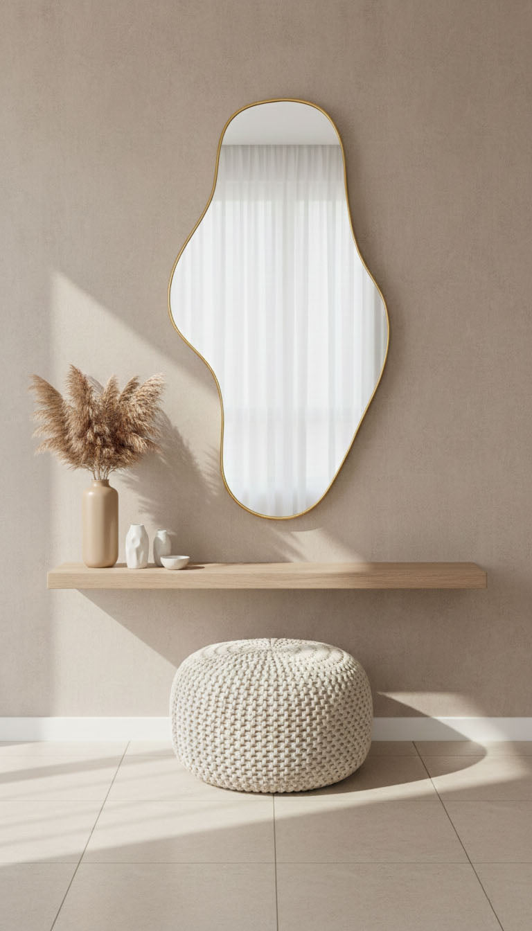 Waveform mirror styled in minimalist interior with natural textures