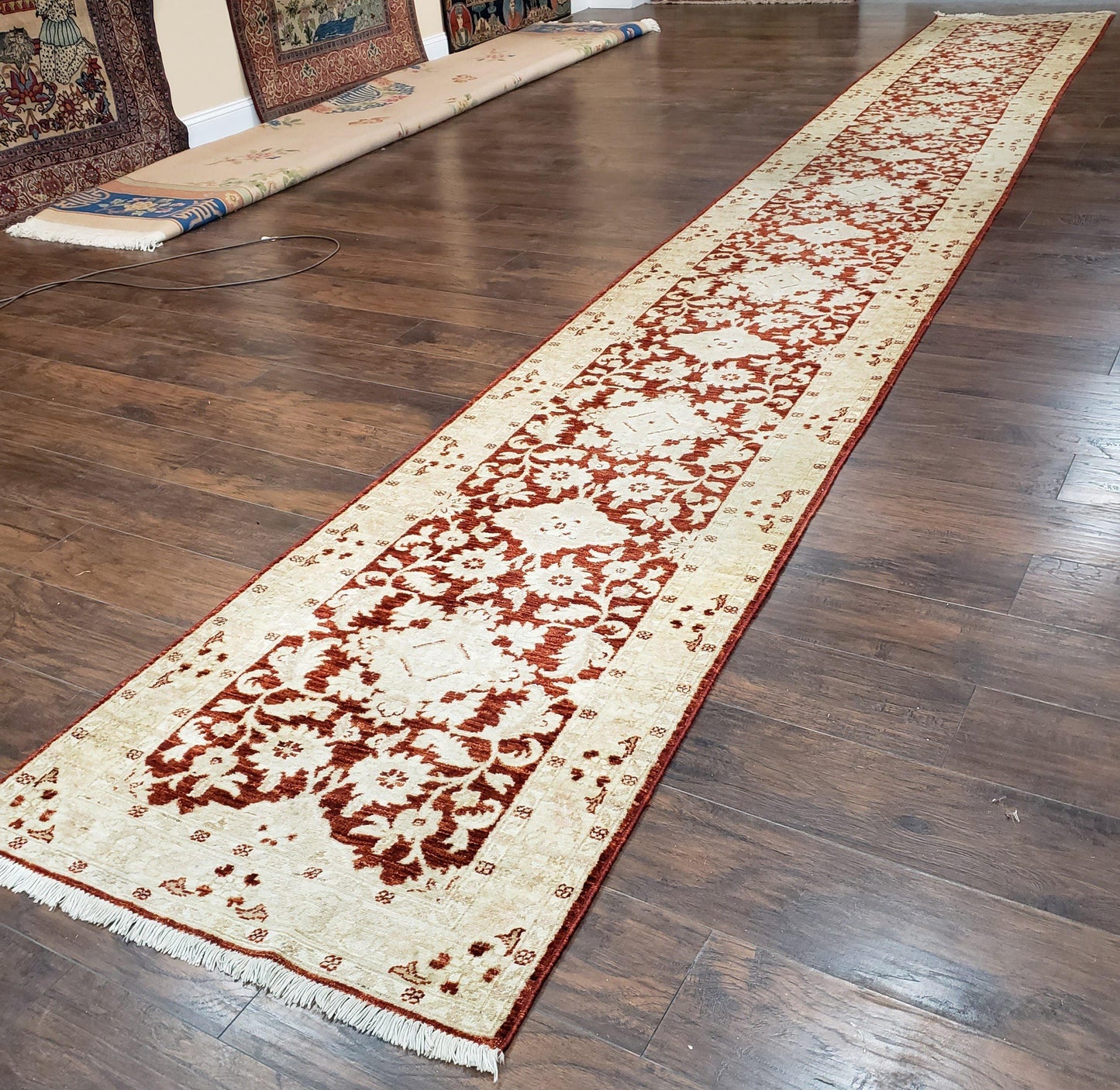 21 ft Runner Rug Long Hallway Runner, 3 x 21 Corridor Rug, Peshawar Pak Persian Chobi Agra Rug, Maroon and Beige Large Flowers Wool Handmade