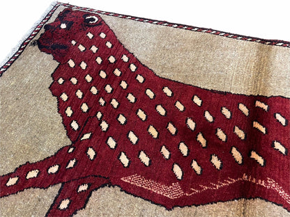 Leopard Wool Rug Handmade Hand Knotted Vintage Burgundy Beige Area Rug