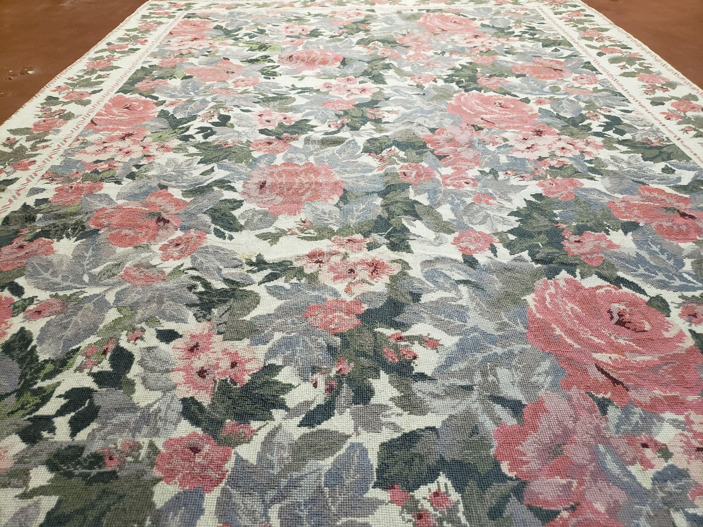 Needlepoint Rug 5 Foot 4 Inch By 8 Foot 3 Inch Wool Flat Weave Floral Ivory Pink Flowers Green Leaves