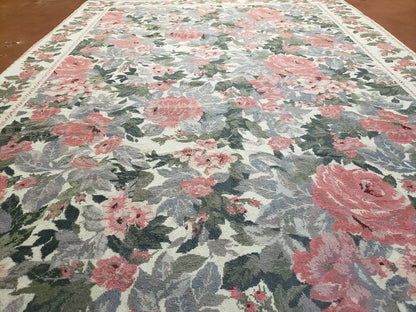 Needlepoint Rug 5 Foot 4 Inch By 8 Foot 3 Inch Wool Flat Weave Floral Ivory Pink Flowers Green Leaves
