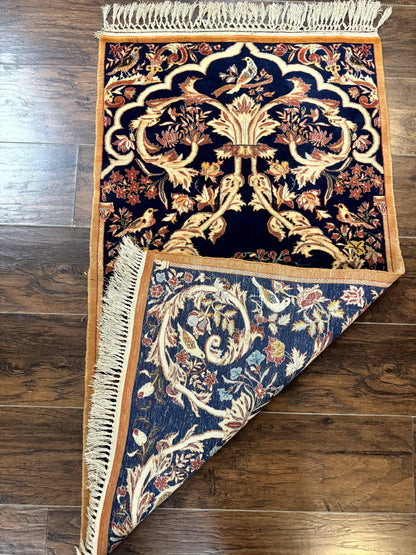 Persian Isfahan Rug 2x4, Birds, Navy Blue, Kork Wool on Silk Foundation, 460 KPSI