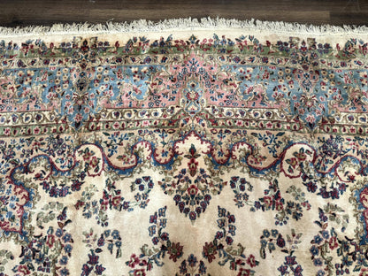 Palace Size Persian Kerman Rug 11x20 ft, Very Fine 340 KPSI, Vintage Oversized Wool Handmade Large Persian Carpet, Beige Light Blue Pink