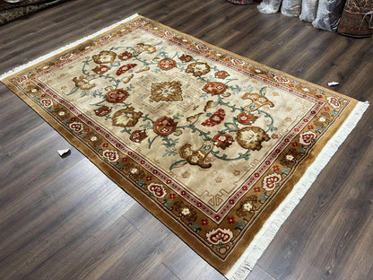 Chinese Wool Rug Hand Knotted Vintage Oriental Medallion Area Rug Pair Tan And Brown