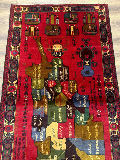 Red Afghan Balouch Rug 3x7, Tribal, Map of Afghanistan Depiction, Handmade, New