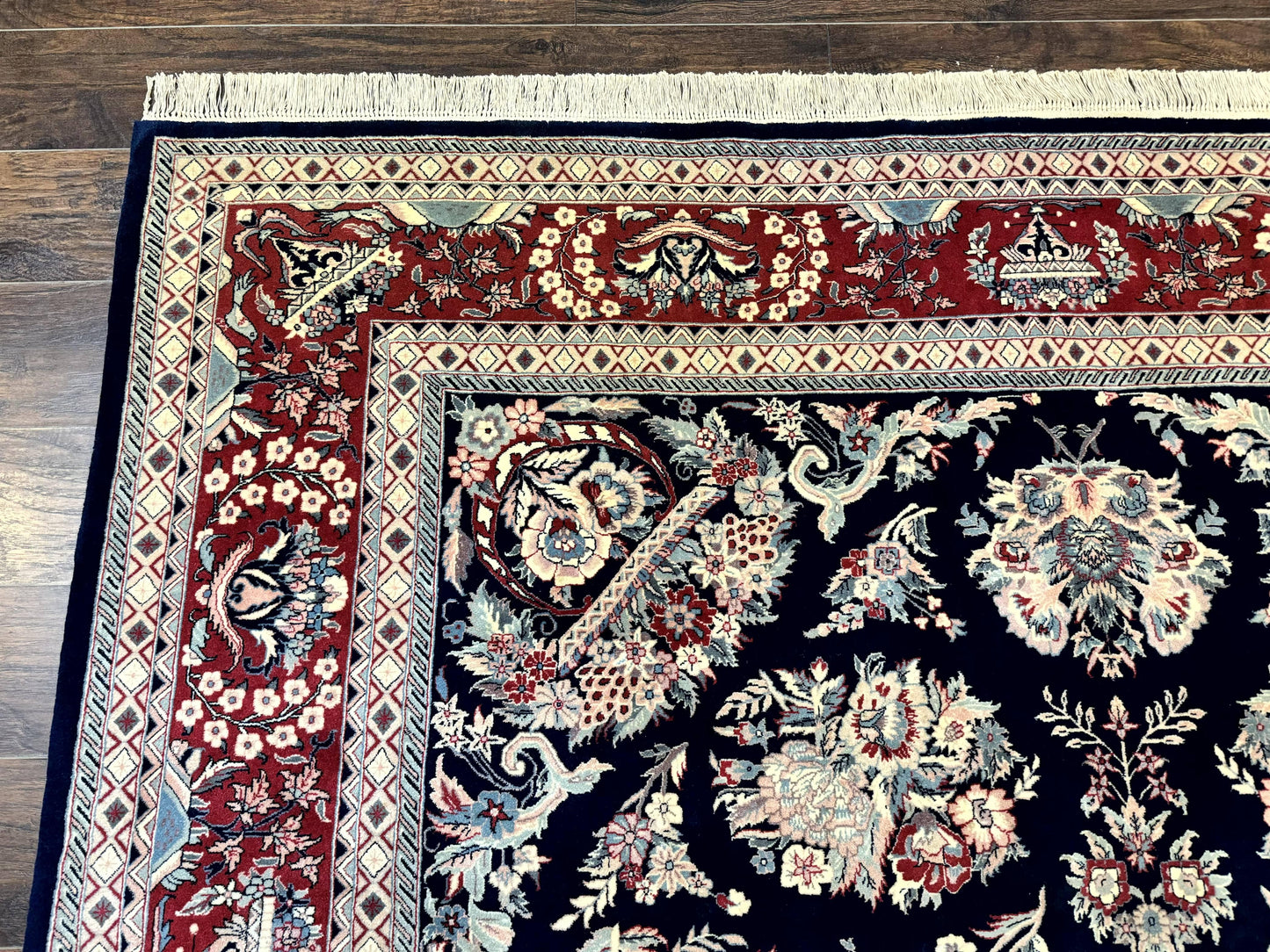 Sino Persian Rug 8x10, Floral Kirman Carpet, Navy Blue and Red, Floral Vases, Handmade Vintage Wool Carpet, 320 KPSI