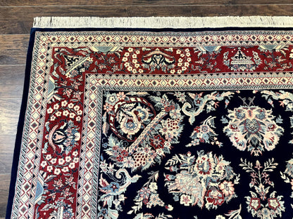 Sino Persian Rug 8x10, Floral Kirman Carpet, Navy Blue and Red, Floral Vases, Handmade Vintage Wool Carpet, 320 KPSI