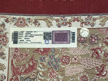 Turkish Silk Hunting Scene Rug 5 x 7.6 ft Red And Ivory Bamboo Silk