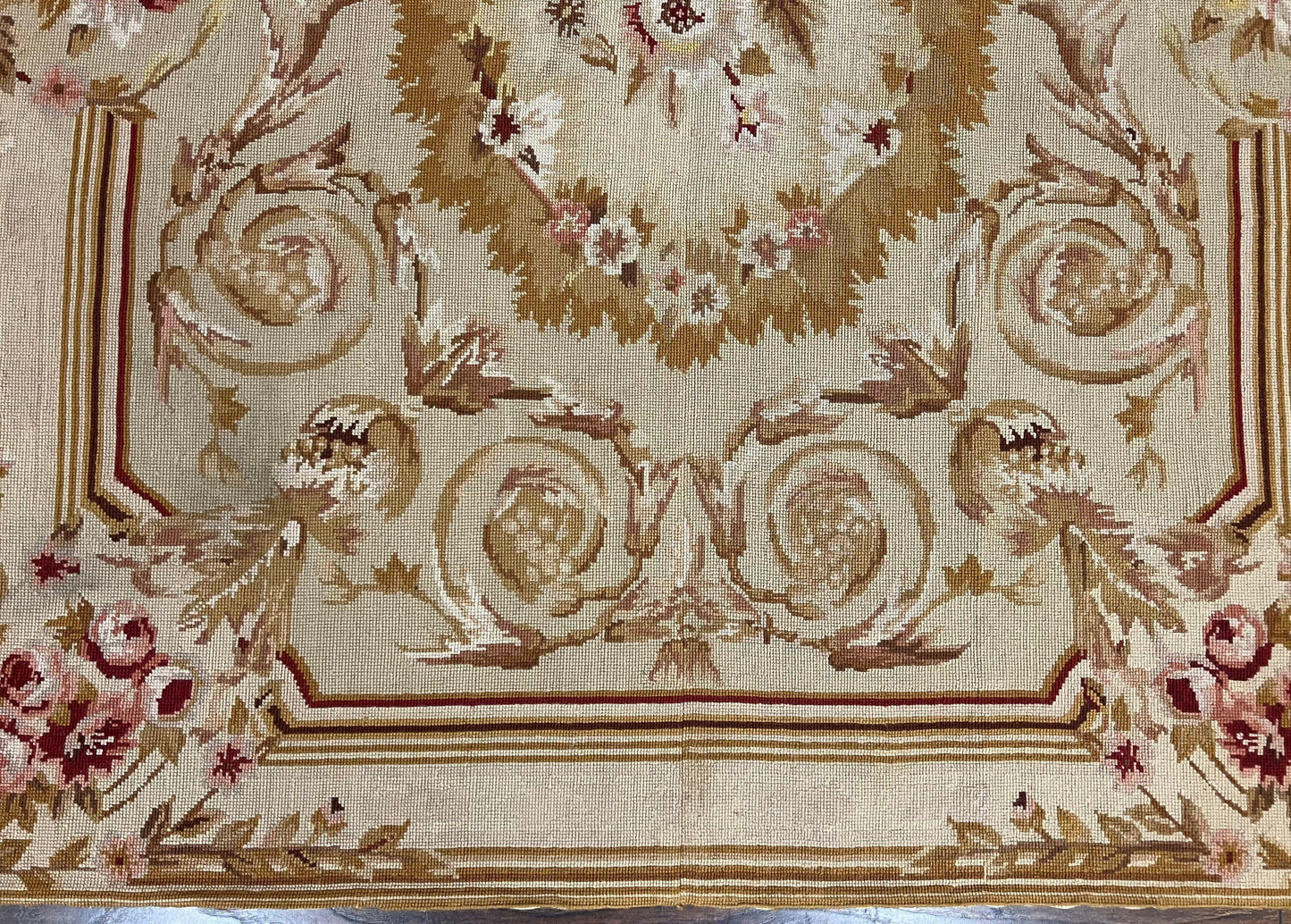 Aubusson Needlepoint Rug 4x5 Ft Beige Tan Vintage Wool Floral Rose European Design