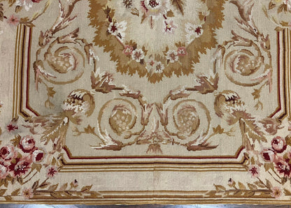 Aubusson Needlepoint Rug 4x5 Ft Beige Tan Vintage Wool Floral Rose European Design