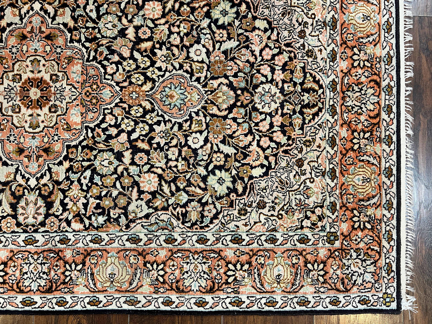 Kashmiri Silk Rug 3x5 Navy Blue Handmade Floral Medallion Indo Persian Silk