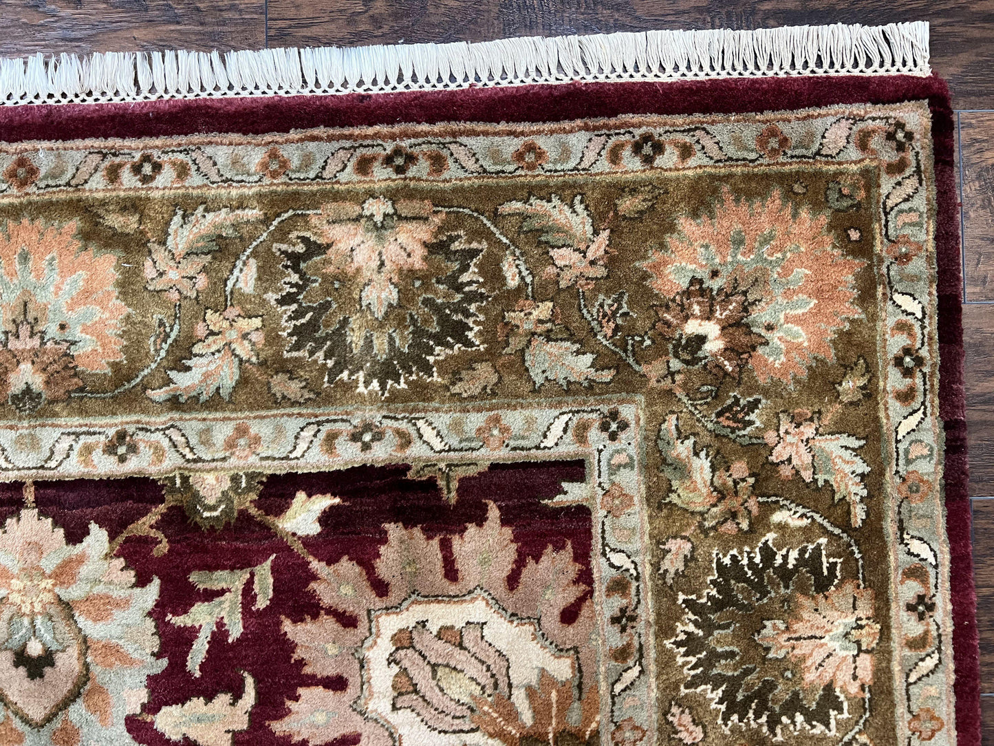 Indo Mahal Rug 6x9, Large Flowers Allover, Maroon and Green, Handmade Wool Area Rug, Vintage Rug, Indian Oriental Carpet, Hand Knotted Rug