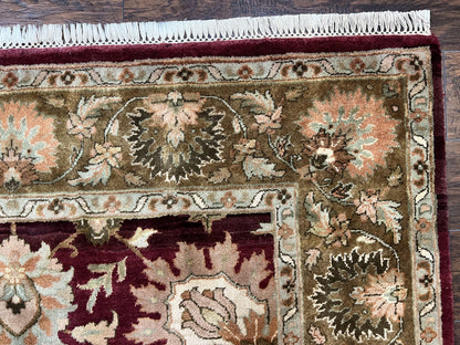 Indo Mahal Rug 6x9, Large Flowers Allover, Maroon and Green, Handmade Wool Area Rug, Vintage Rug, Indian Oriental Carpet, Hand Knotted Rug