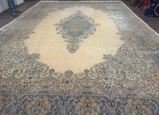 Persian Kerman Palace Size Rug 12x18 Floral Kirman Ivory Blue