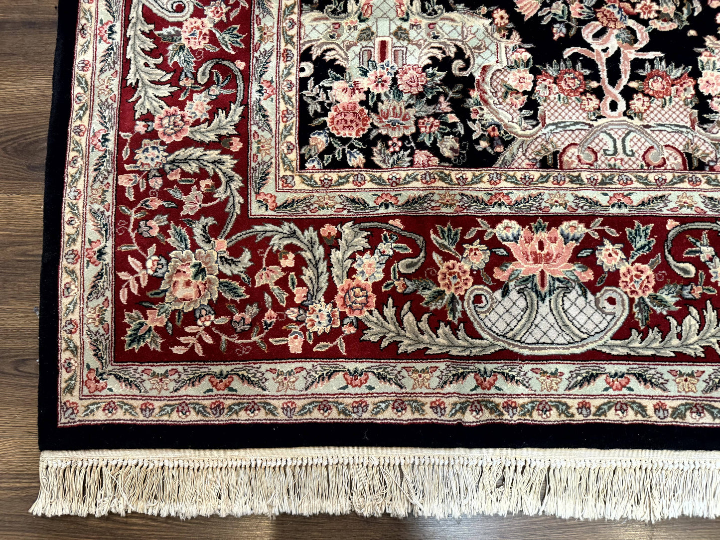 Sino Persian Rug 9x12 Black Floral Bouquets Vintage Hand Knotted Wool Silk