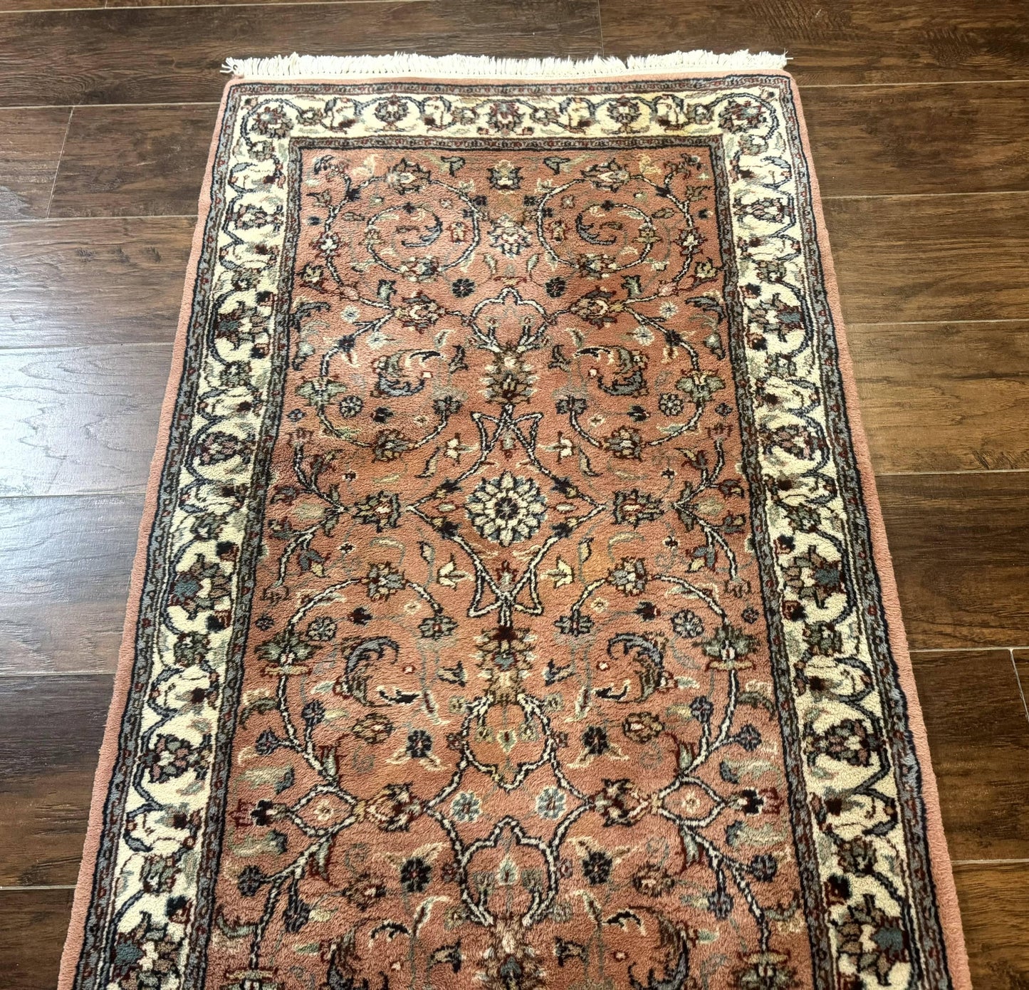 Indo Persian Runner Rug 2.6 x 10, Coral and Cream, Hand Knotted 10ft Wool Oriental Runner for Hallway or Kitchen