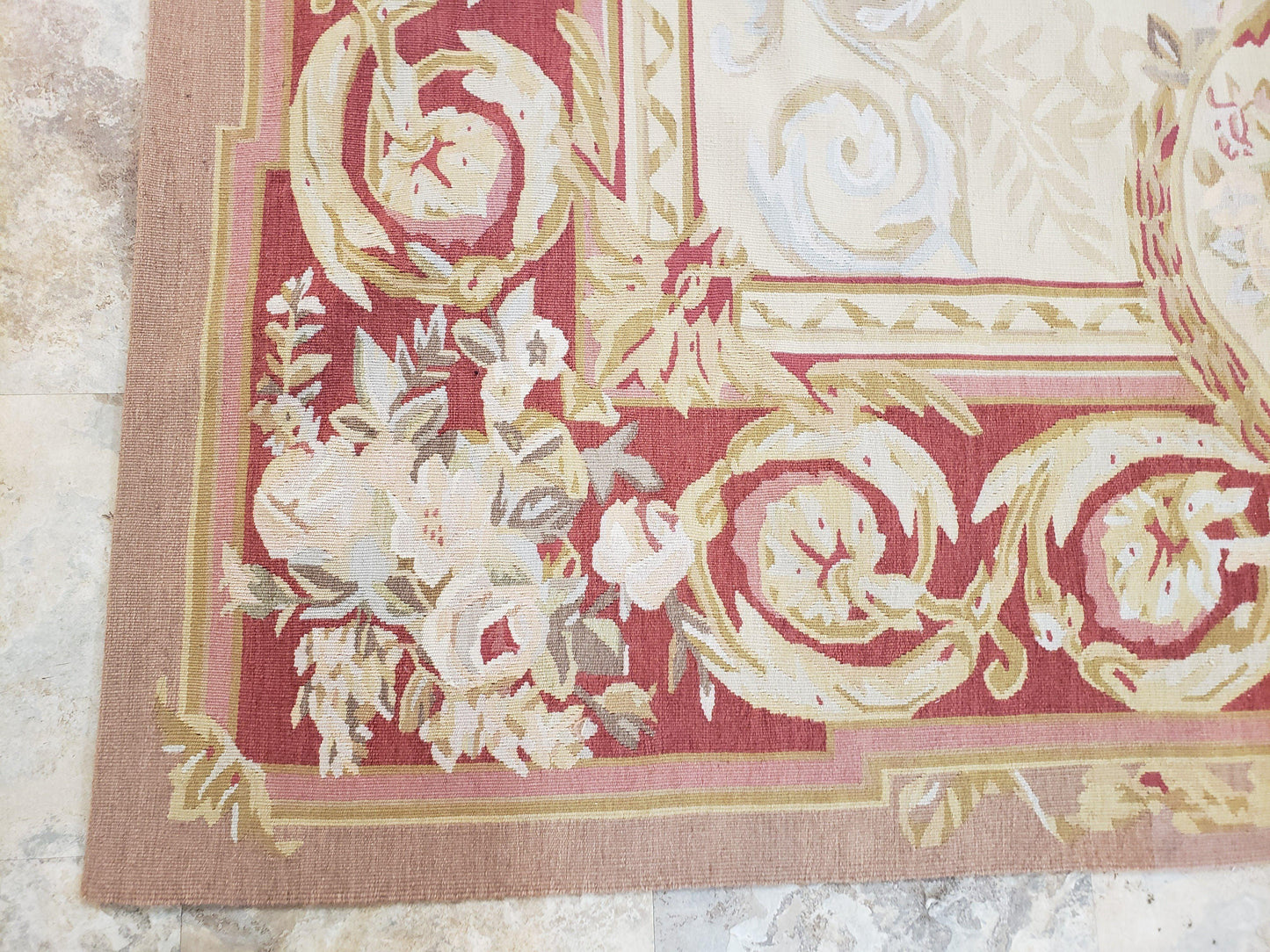 Aubusson Rug 6x9 Flatweave Wool Hand Woven Cream And Red