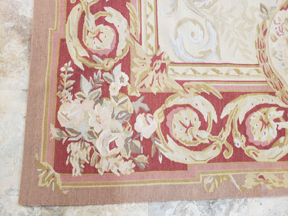 Aubusson Rug 6x9 Flatweave Wool Hand Woven Cream And Red