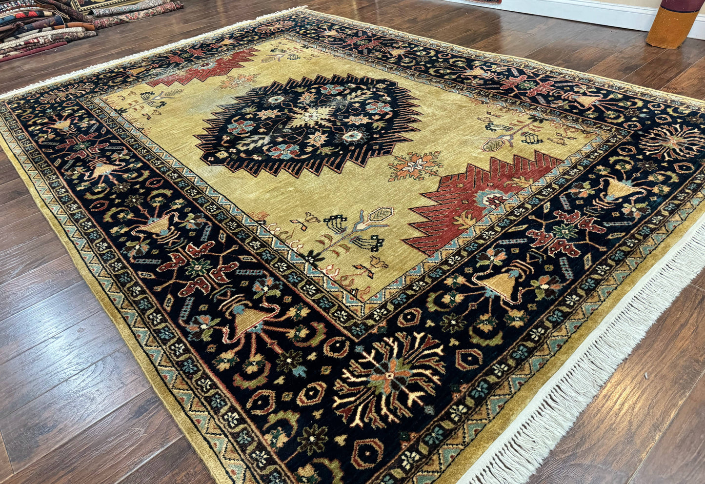 Indo Persian Heriz Rug 8x12 Hand Knotted Wool Decorative Vintage Area Rug Camel Hair Tan And Navy Blue