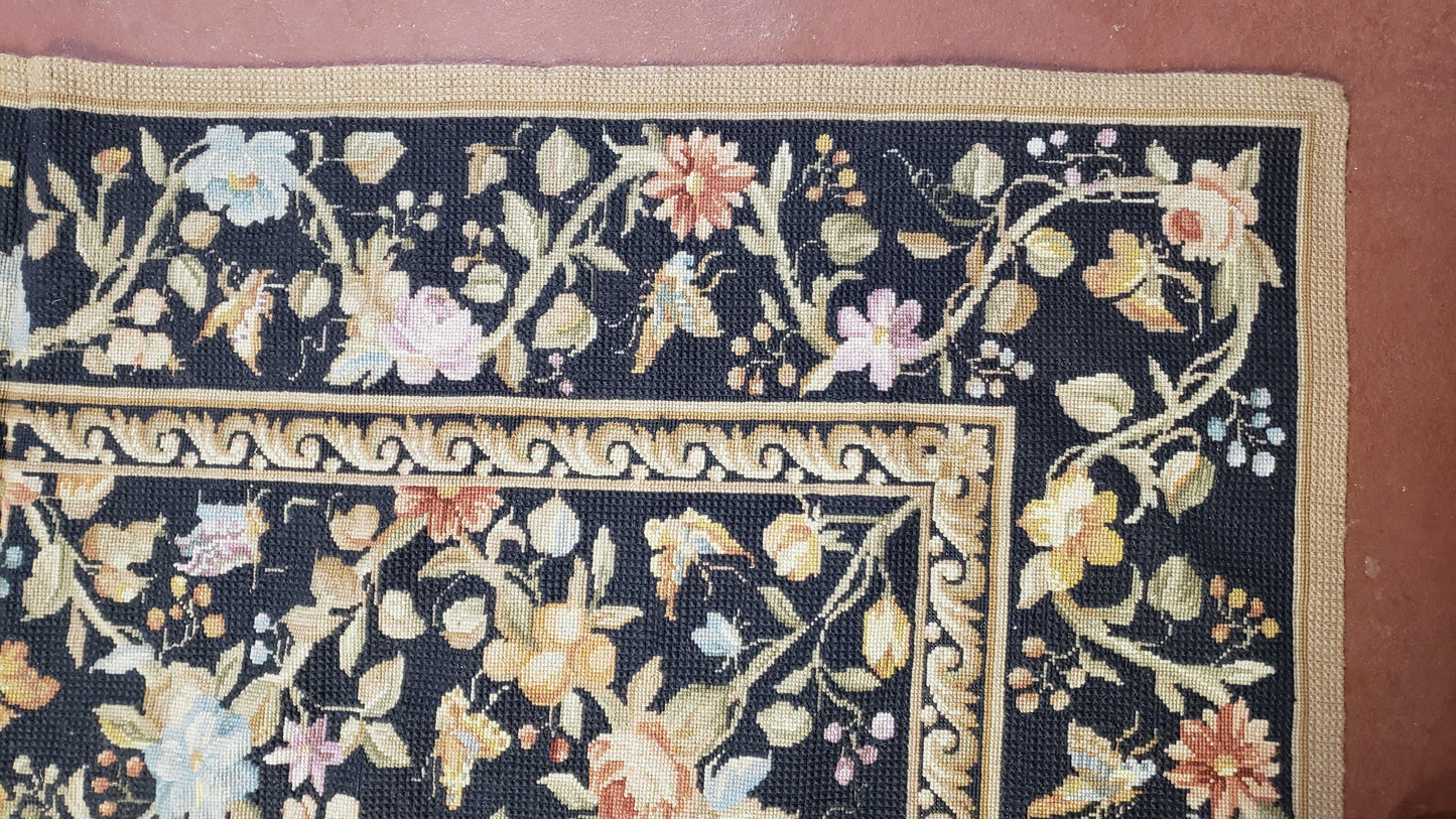Vintage Needlepoint Rug 6x9 Butterflies Floral Design Wool Handcrafted